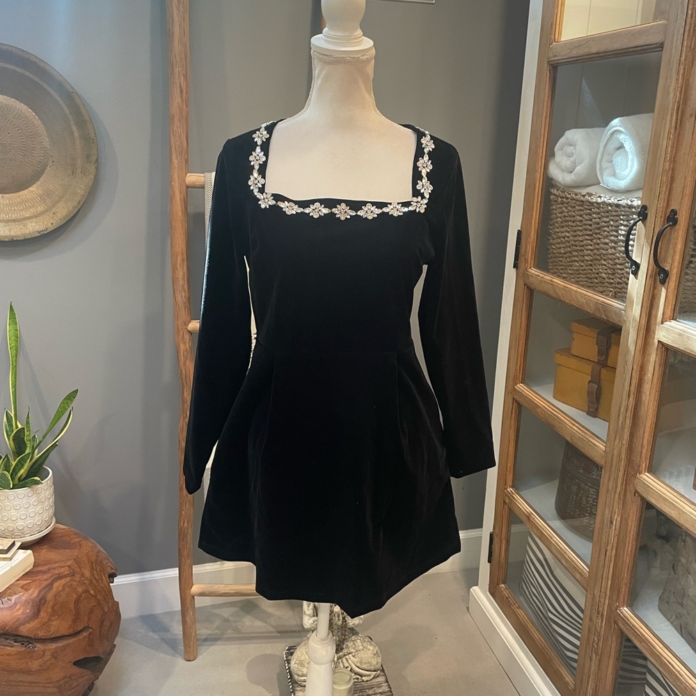 Elegant Black Velvet Dress with Floral Embroidery